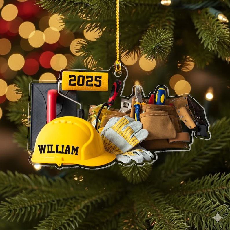 Personalized Construction Worker Ornament, Custom Builder Hard Hat Ornament, Handyman Tool Belt Gift for Builders, Engineers & Contractors