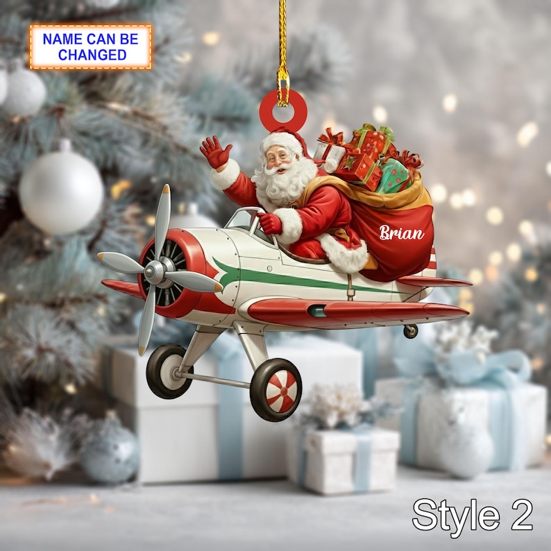 Custom Name Santa Drives Airplane Personalized Ornament, Christmas Tree Hanging Decor, 2D Flat Acrylic Christmas Ornament Holiday Gift Joy