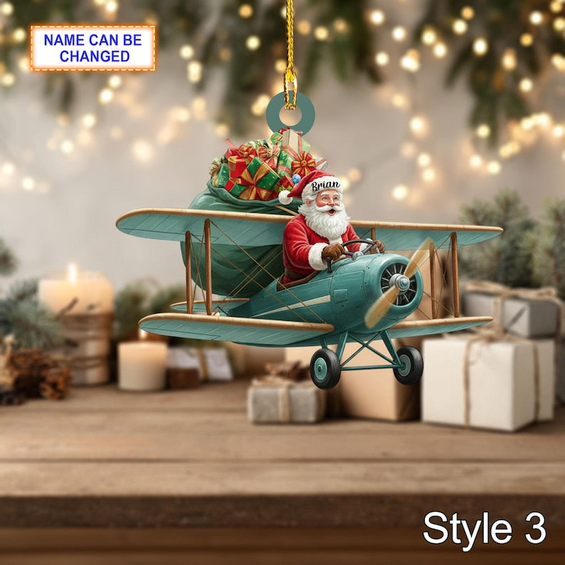 Custom Name Santa Drives Airplane Personalized Ornament, Christmas Tree Hanging Decor, 2D Flat Acrylic Christmas Ornament Holiday Gift Joy