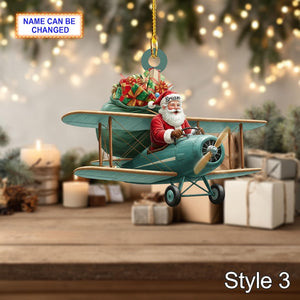 Custom Name Santa Drives Airplane Personalized Ornament, Christmas Tree Hanging Decor, 2D Flat Acrylic Christmas Ornament Holiday Gift Joy