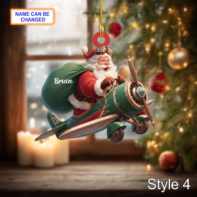 Custom Name Santa Drives Airplane Personalized Ornament, Christmas Tree Hanging Decor, 2D Flat Acrylic Christmas Ornament Holiday Gift Joy