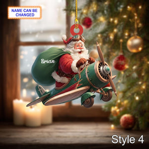 Custom Name Santa Drives Airplane Personalized Ornament, Christmas Tree Hanging Decor, 2D Flat Acrylic Christmas Ornament Holiday Gift Joy