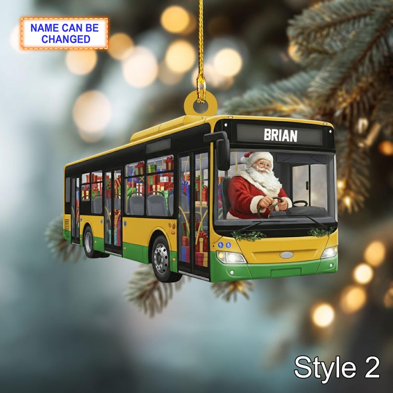 Custom Name Santa Drives Bus Personalized Ornament, Christmas Tree Hanging Decor, 2D Flat Acrylic Christmas Ornament Holiday Gift Magic