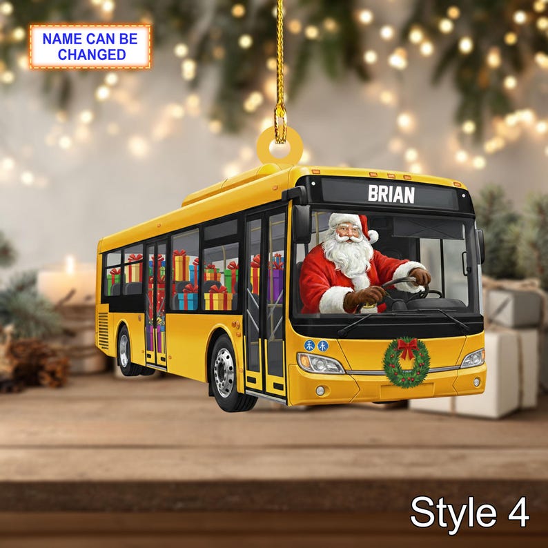 Custom Name Santa Drives Bus Personalized Ornament, Christmas Tree Hanging Decor, 2D Flat Acrylic Christmas Ornament Holiday Gift Magic