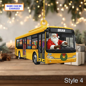 Custom Name Santa Drives Bus Personalized Ornament, Christmas Tree Hanging Decor, 2D Flat Acrylic Christmas Ornament Holiday Gift Magic
