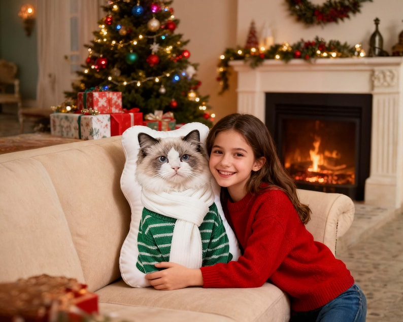 Custom Christmas Pet Photo Pillow, Personalized Christmas Dog Cat Portrait Cushion, Pet Memorial Pillow, Xmas Home Decor, Dog Lover Gift