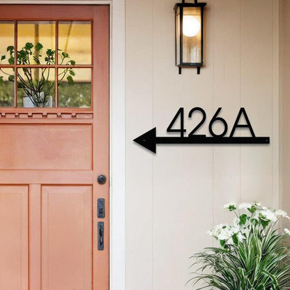 Metal Arrow Sign with House Number Custom Address Plaque, Modern Outdoor Direction Sign for Homes, Cabins, Apartments or Offices