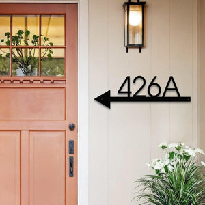 Metal Arrow Sign with House Number Custom Address Plaque, Modern Outdoor Direction Sign for Homes, Cabins, Apartments or Offices