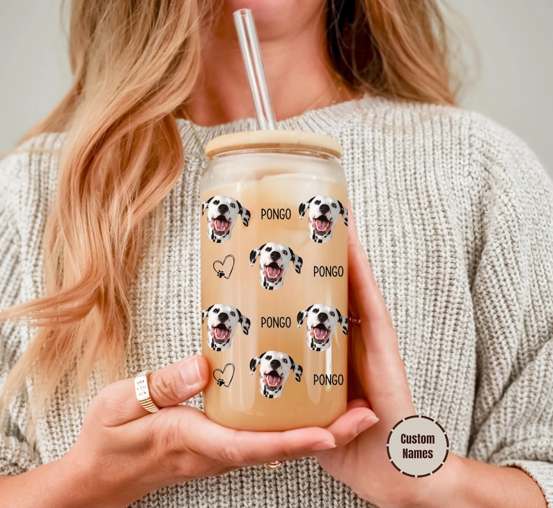 Personalized Pet Photo Glass Cup: Custom Dog or Cat Iced Coffee Cup