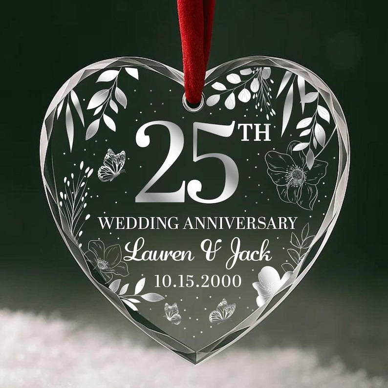 25th Wedding Anniversary Ornament Personalized Glass Keepsake with Couple's Names & Date Silver Anniversary Gift