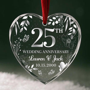 25th Wedding Anniversary Ornament Personalized Glass Keepsake with Couple's Names & Date Silver Anniversary Gift
