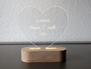 Personalized heart acrylic lamp with engraving names & date LED night light wedding gift.Gift.Christmas gift for her and him.