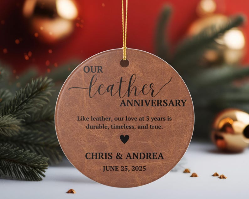 Personalized 3rd Anniversary Gift, Leather Anniversary Ceramic Ornament, Leather 3rd Anniversary Gift, 3rd Year Wedding Anniversary Gift