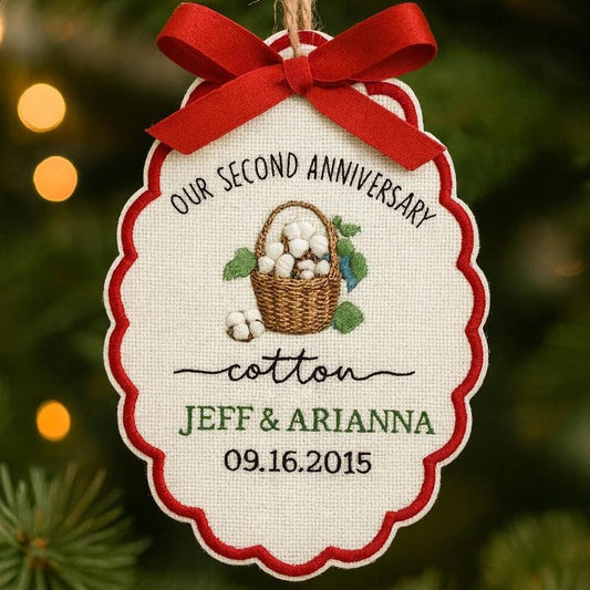 Personalized 2nd Anniversary Ornament: Embroidered Cotton Wedding Gift