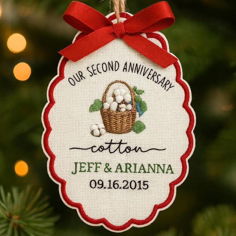 Personalized 2nd Anniversary Ornament: Embroidered Cotton Wedding Gift