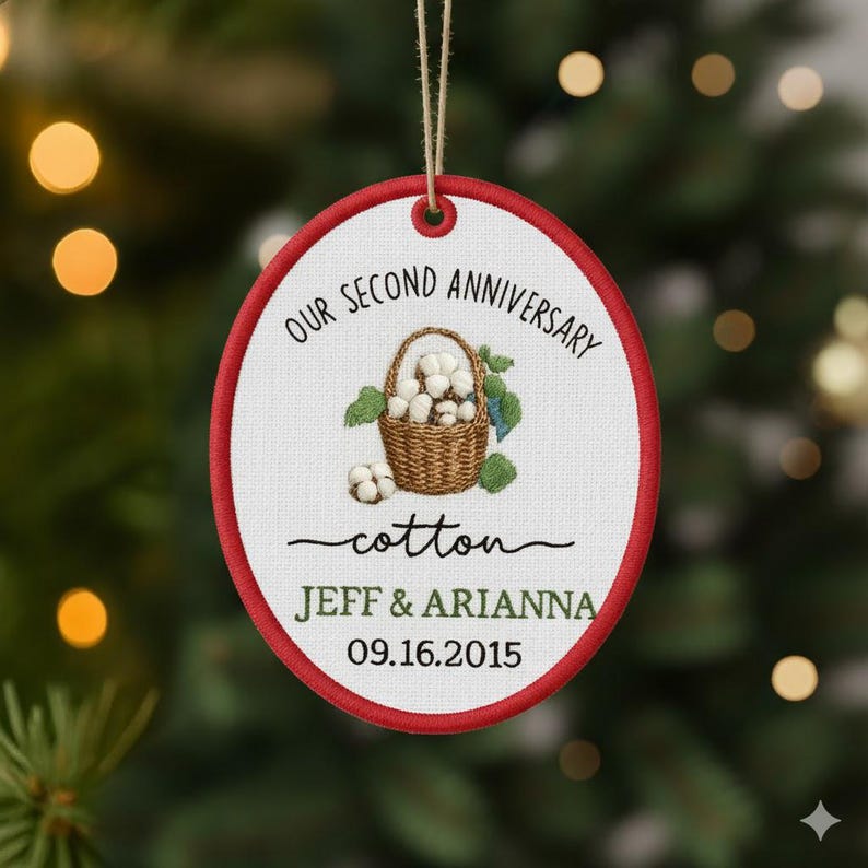 Personalized 2nd Anniversary Ornament: Embroidered Cotton Wedding Gift
