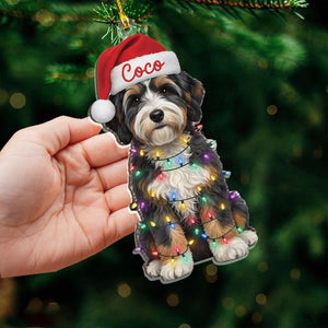 Custom Name Bernedoodle With Santa Hat Christmas Lights Ornament, Personalized Pet Name Decoration, Christmas Tree Decor, Christmas Ornament