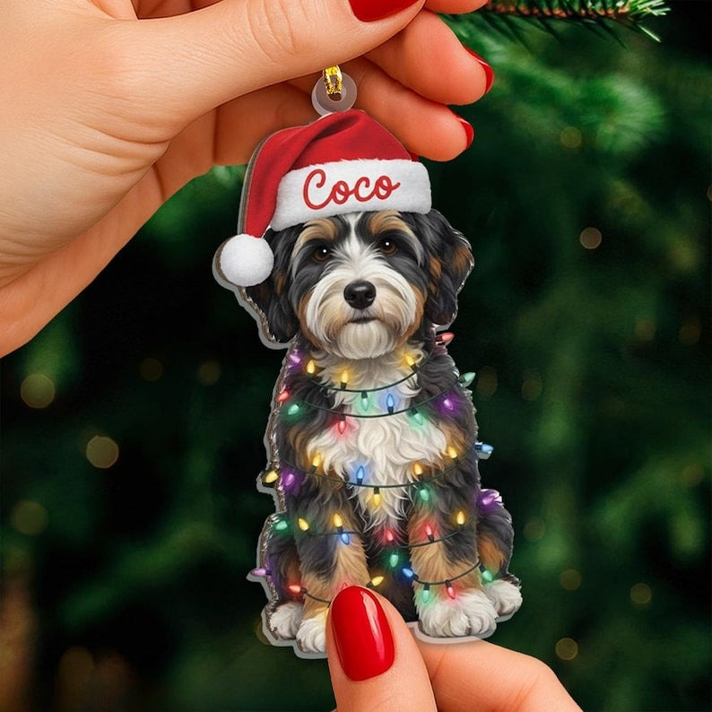 Custom Name Bernedoodle With Santa Hat Christmas Lights Ornament, Personalized Pet Name Decoration, Christmas Tree Decor, Christmas Ornament