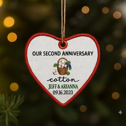 Personalized 2nd Anniversary Ornament: Embroidered Cotton Wedding Gift