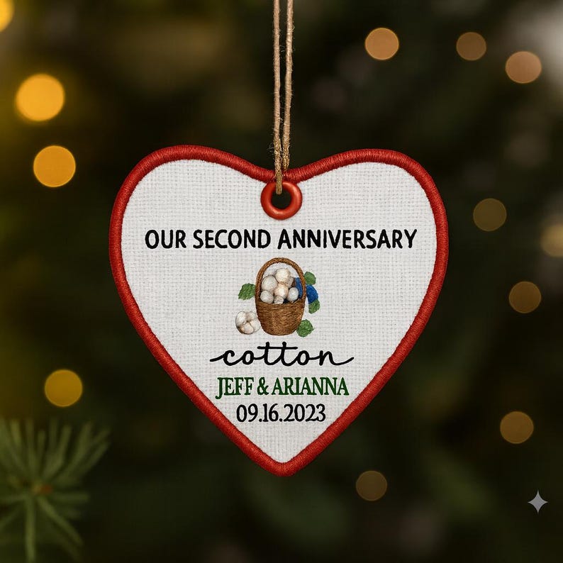 Personalized 2nd Anniversary Ornament: Embroidered Cotton Wedding Gift