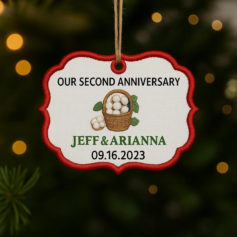 Personalized 2nd Anniversary Ornament: Embroidered Cotton Wedding Gift