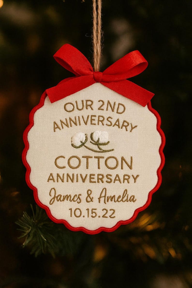 Personalized 2nd Anniversary Ornament: Embroidered Cotton Wedding Gift