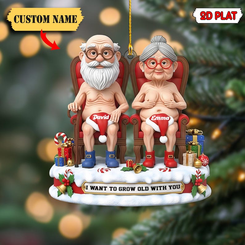 Funny Couple Christmas 2D Flat Ornament, Personalized Santa and Mrs Claus Ornament, Custom Name Holiday Gift for Husband Wife or Anniversary