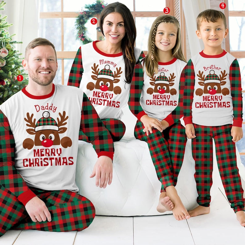 Matching Family Christmas Pajamas, Custom Name Reindeer PJs Set, Personalized Holiday Outfit for Kids and Parents, Cozy Xmas Gift