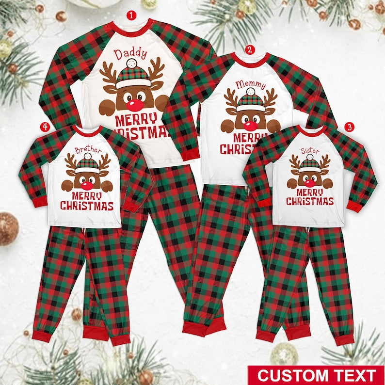 Matching Family Christmas Pajamas, Custom Name Reindeer PJs Set, Personalized Holiday Outfit for Kids and Parents, Cozy Xmas Gift