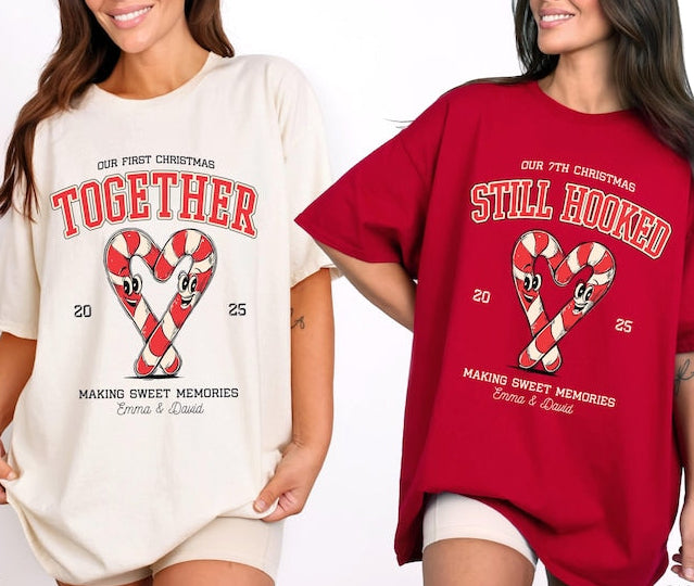 Custom Couples Matching Christmas Shirts, Our First Christmas Together Married Engaged Sweater Candy Cane Sweatshirt Hoodie Retro T shirt