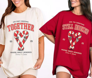 Custom Couples Matching Christmas Shirts, Our First Christmas Together Married Engaged Sweater Candy Cane Sweatshirt Hoodie Retro T shirt