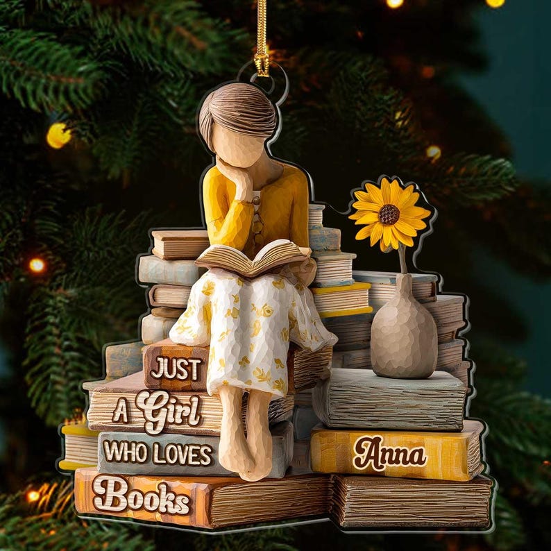 Personalized Book Lover Ornament, Just A Girl Who Loves Books Acrylic Gift, Custom Reading Themed Christmas Ornament, Cozy Bibliophile Decor