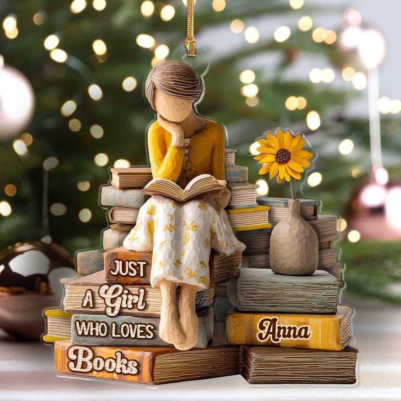 Personalized Book Lover Ornament, Just A Girl Who Loves Books Acrylic Gift, Custom Reading Themed Christmas Ornament, Cozy Bibliophile Decor