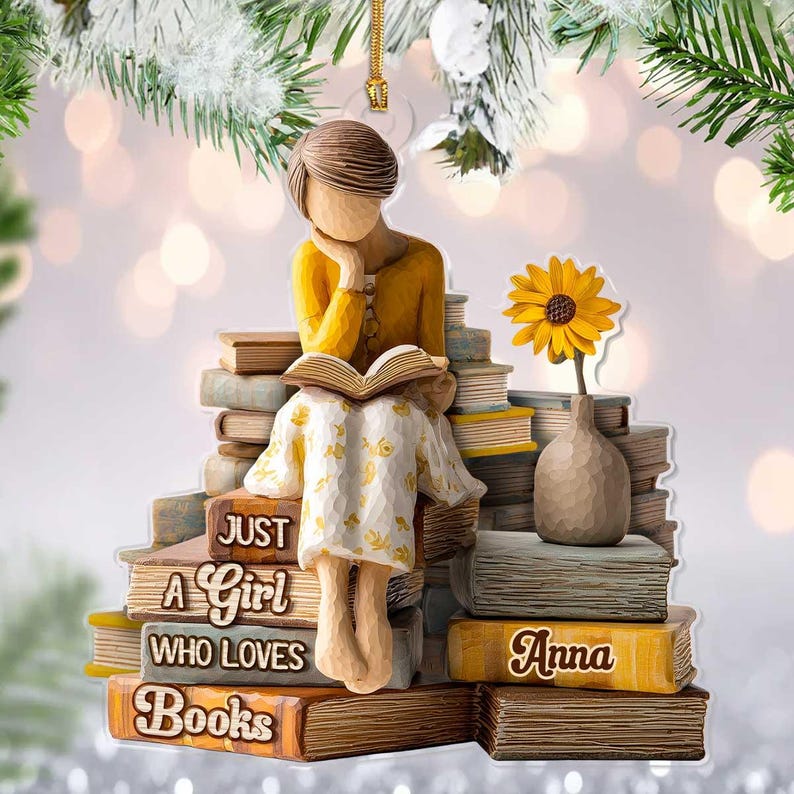 Personalized Book Lover Ornament, Just A Girl Who Loves Books Acrylic Gift, Custom Reading Themed Christmas Ornament, Cozy Bibliophile Decor