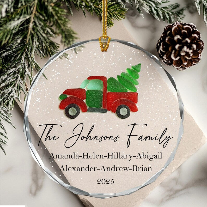 2D Sea Glass Family Name Christmas Car Ornaments, Personalized Family Ornament, Christmas Tree Ornament Family Names 2025, Holiday Keepsake