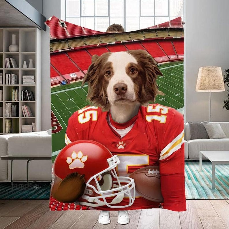 Personalized Photo & Name Football Pet Blanket, Football Team Dog Cat Portrait Blanket, Custom Sport Favorite Team Blanket, Gift
