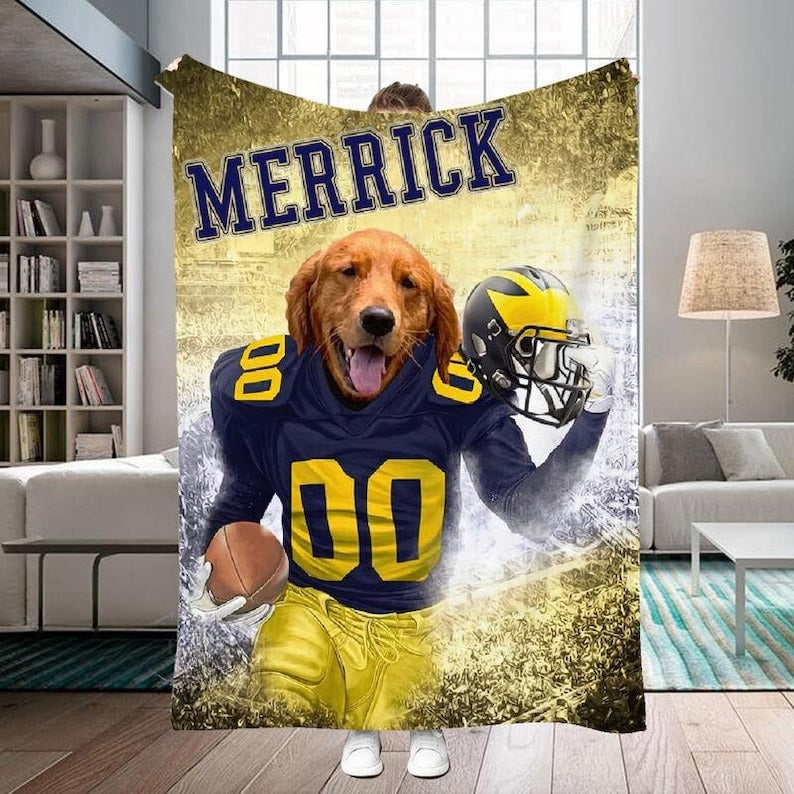 Personalized Photo & Name Football Pet Blanket, Football Team Dog Cat Portrait Blanket, Custom Sport Favorite Team Blanket