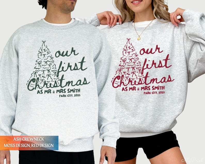 First Christmas as Mr and Mrs Personalized Crewnecks, Merry and Married, Custom Couples Christmas Shirts