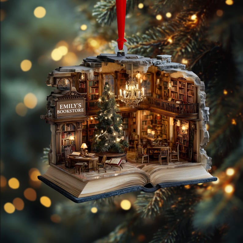 Custom Book Nook Christmas Ornament, 2D Mini Library Bookstore Scene, Personalized Name & Year, Literary Reading Nook, Xmas Tree Decor 2025