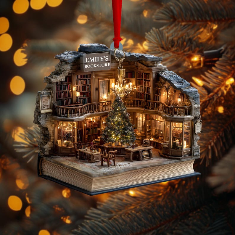 Custom Book Nook Christmas Ornament, 2D Mini Library Bookstore Scene, Personalized Name & Year, Literary Reading Nook, Xmas Tree Decor 2025