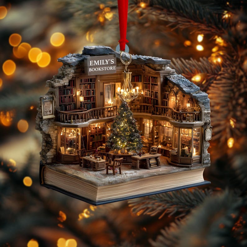 Custom Book Nook Christmas Ornament, 2D Mini Library Bookstore Scene, Personalized Name & Year, Literary Reading Nook, Xmas Tree Decor 2025