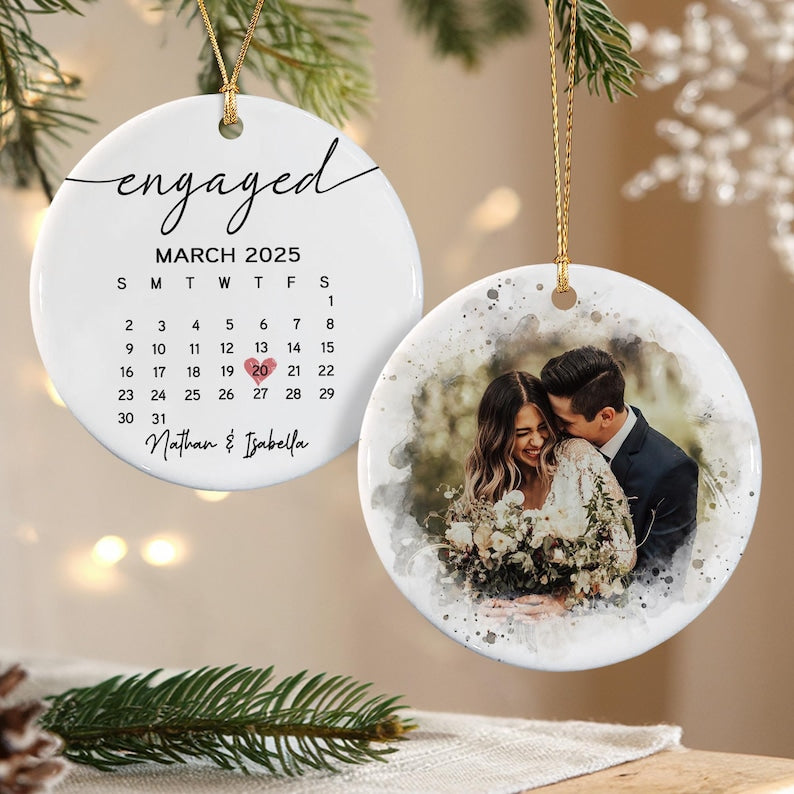 Personalized Engagement Christmas Ornament, Wedding Engaged Calendar Ornament With Photo, Gift For Newly Couple, Mr Mrs Married Ornament