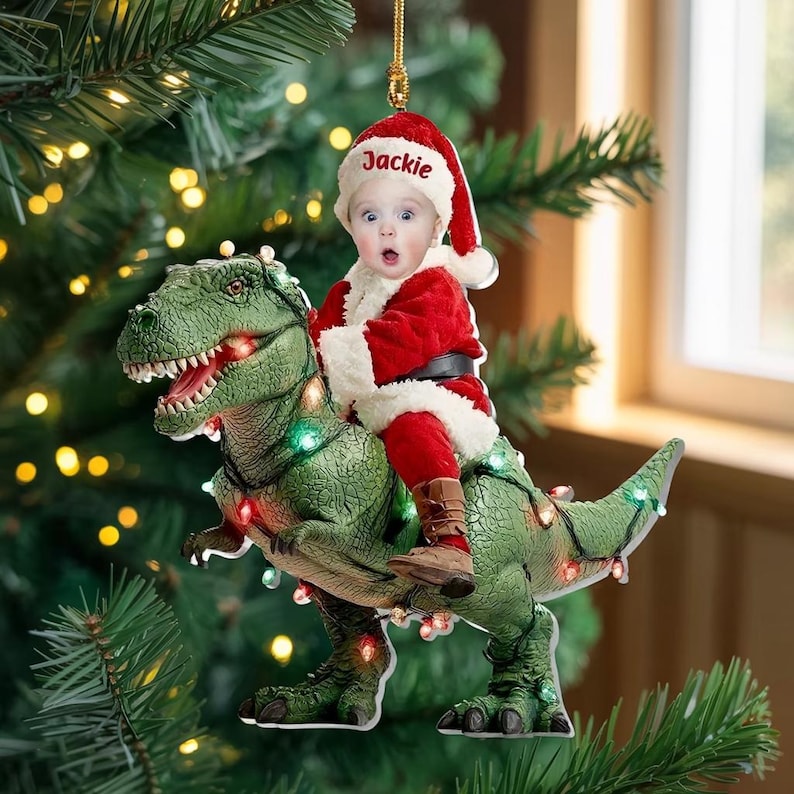 Personalized Baby Riding Dinosaur Ornament, Custom Photo Christmas Ornament, Funny Santa Kid Ornament, Dinosaur Christmas Tree Keepsake 2025