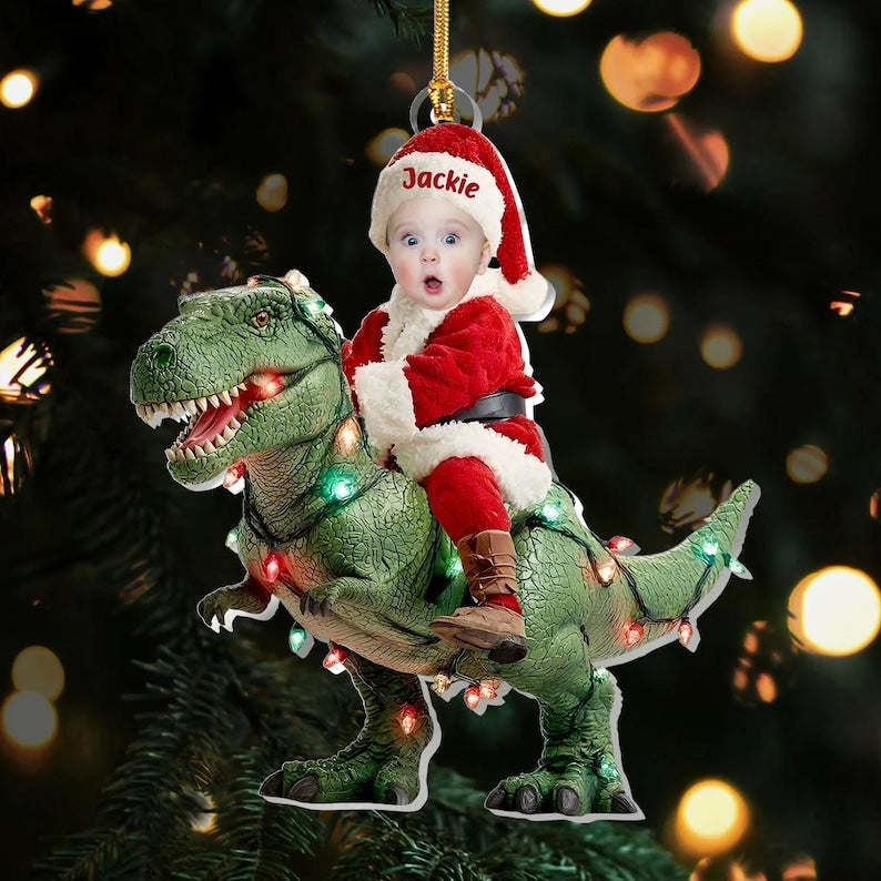 Personalized Baby Riding Dinosaur Ornament, Custom Photo Christmas Ornament, Funny Santa Kid Ornament, Dinosaur Christmas Tree Keepsake 2025