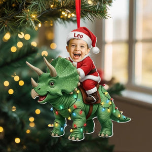 Personalized Kid Riding Dinosaur Ornament, Custom Photo Ornament, Santa Triceratops Ornament, Funny Kids Dinosaur Xmas Keepsake 2025