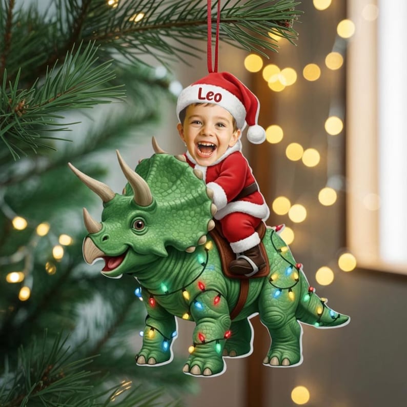 Personalized Kid Riding Dinosaur Ornament, Custom Photo Ornament, Santa Triceratops Ornament, Funny Kids Dinosaur Xmas Keepsake 2025