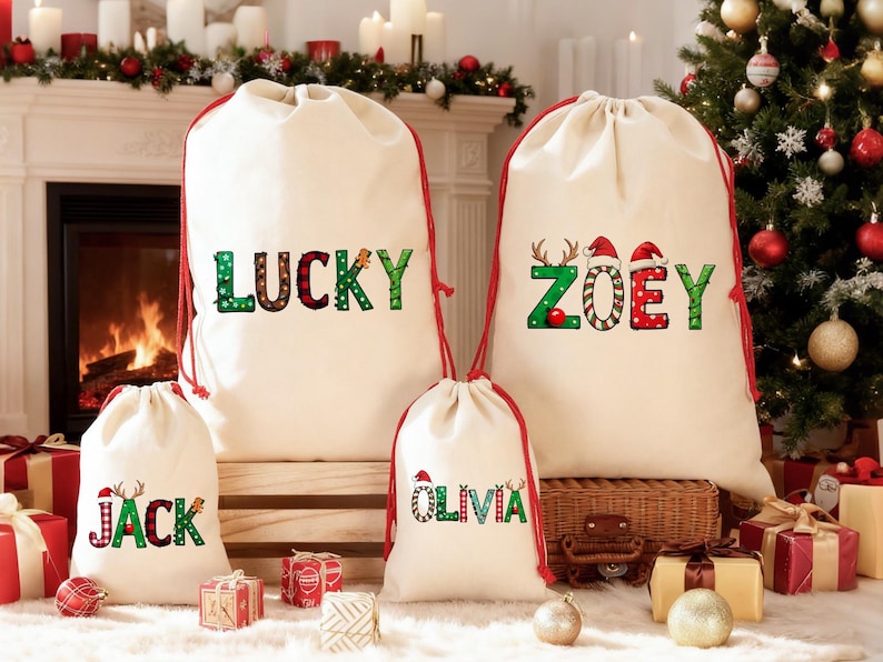 Custom Santa Sack With Name,Personalized Family Christmas Gift Bag,Monogram Christmas Present Bag,Kids Christmas Gift Bag, Xmas Stocking.