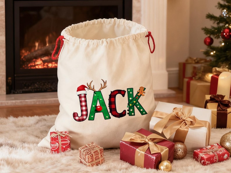 Custom Santa Sack With Name,Personalized Family Christmas Gift Bag,Monogram Christmas Present Bag,Kids Christmas Gift Bag, Xmas Stocking.