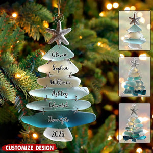 Personalized Family Sea Glass 2D FLAT Christmas Tree Ornament, Custom Name Ocean Style Family Keepsake, Holiday Gift For Beach Lovers