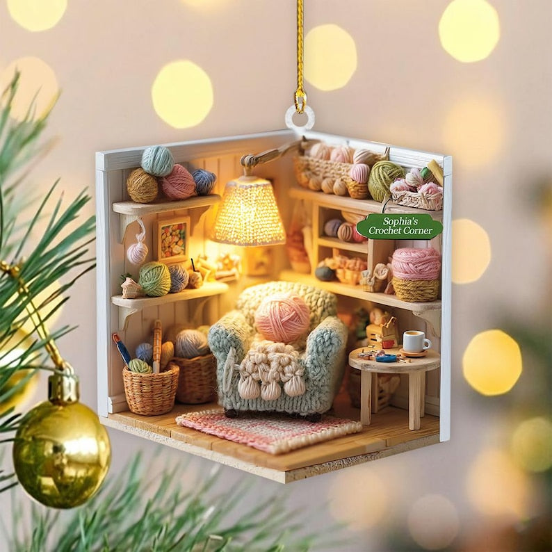 Personalized Crochet Corner Ornament, Custom Yarn Room Xmas Decor, Gift for Knitters, Crocheters & Craft Lovers, Crochet 2D Flat Ornament